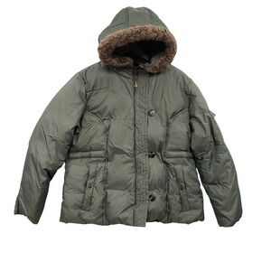 Y2K Fashion Bug Womens Olive Green Down Puffer Jacket Faux Fur Trim Hood 14/16W